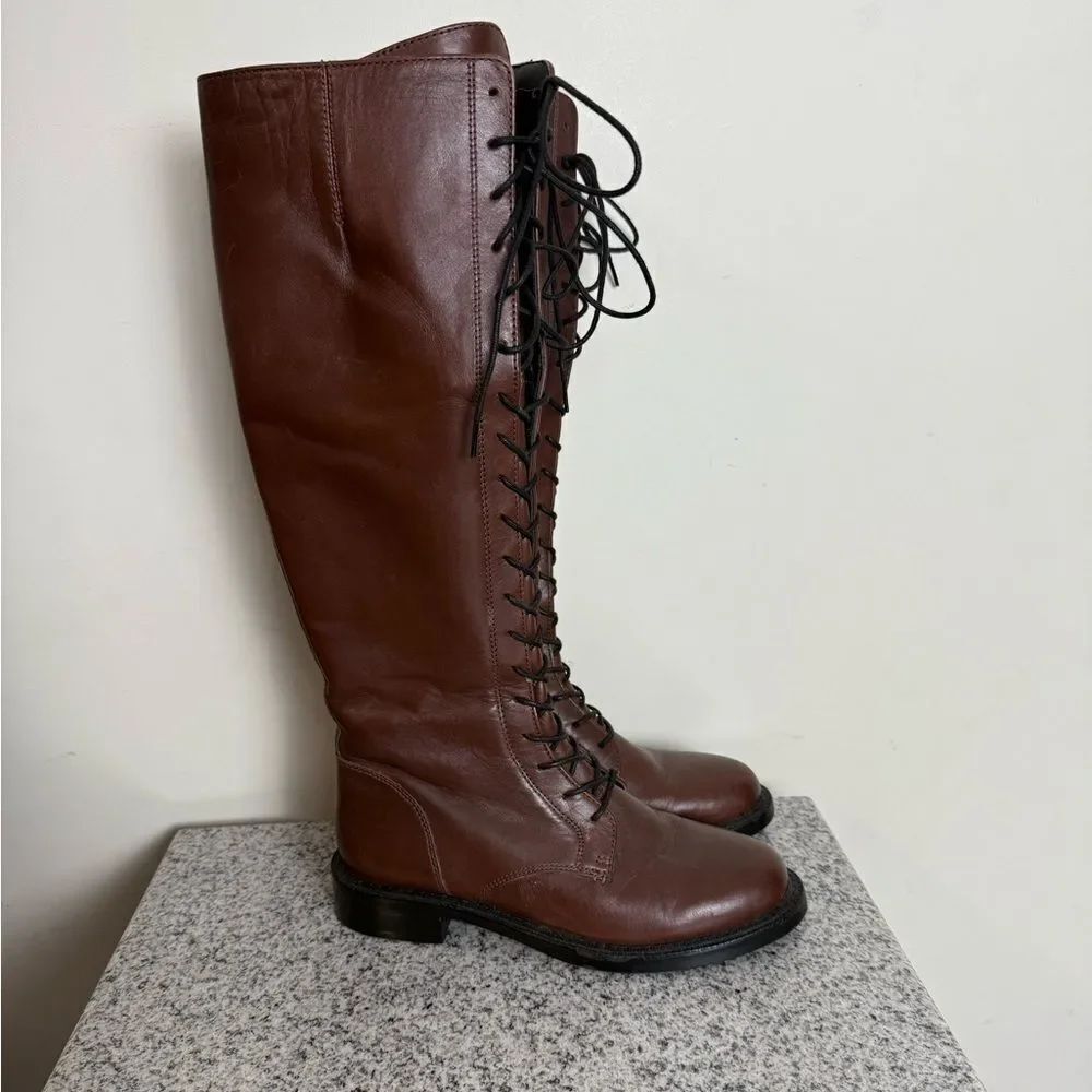 SAM EDELMAN Womens Tall Brown Logo Nance Round Toe Block Heel Leather Boots 5